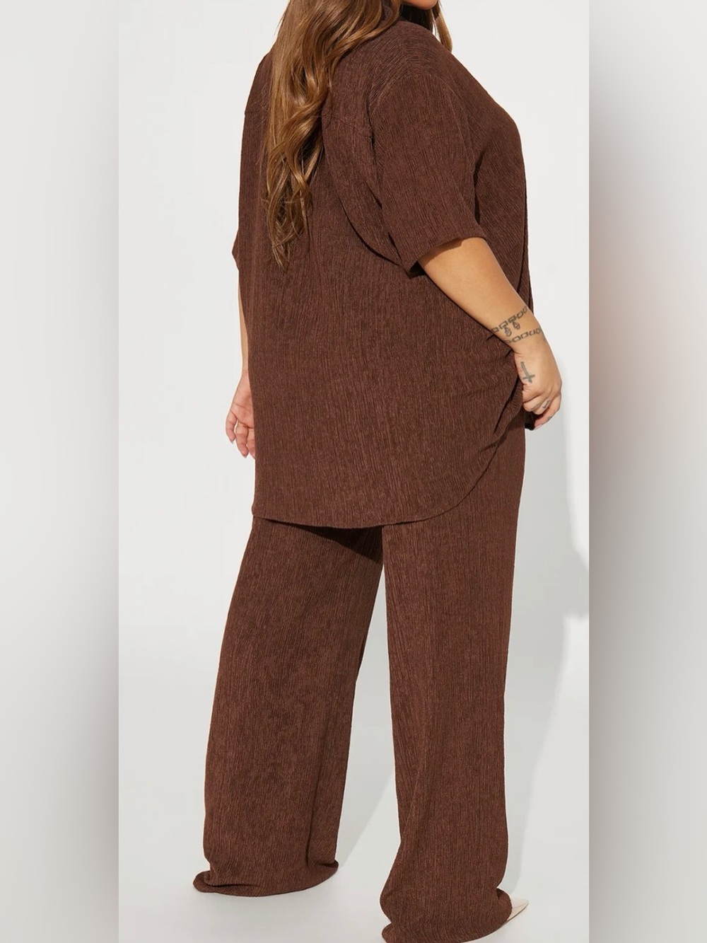 Plus-Size Relaxed Button-Down Shirt & Wide Leg Pants Set - Brown Size 3X - Picture 5 of 5